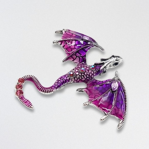 Dragon Brooch Pin Sparkly Crystal Embellished Enamel-Finished Purple/Silver NWT - Picture 1 of 5